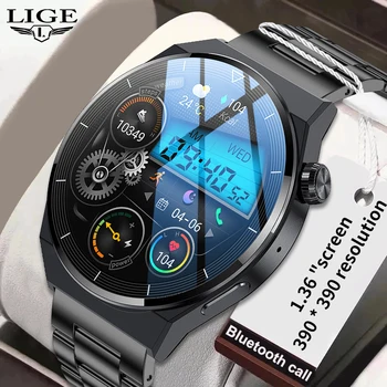 LIGE Novo Smart Watch Homens AMOLED 390*390 Tela HD Sempre Tempo de Exibição de Fitness Pulseira Impermeável Chamada Bluetooth Smartwatch Homens