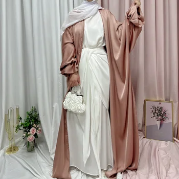 O ramadã Sólido Abrir Abaya Quimono Dubai, Turquia Puff Manga de Cetim Hijab Muçulmano Vestido Abayas para as Mulheres Marroquinas Kaftan Islã Roupas