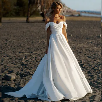 Lsyx Fora Do Ombro De Uma Linha De Vestido De Noiva 2023 Querida Sem Encosto Sweep Trem Vestido De Noiva De Cetim Robe De Mariée Para As Mulheres Plissado