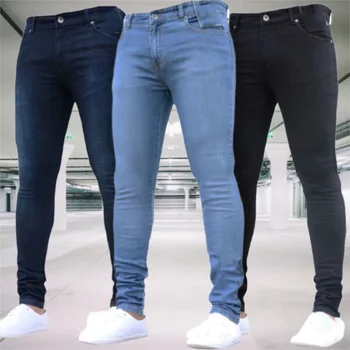 Homem Calças de Retro Lavagem Zíper Trecho Jeans Casual Slim Fit Calças Masculinas Mais o Tamanho do Lápis, Calças Jeans Skinny Jeans para Homens