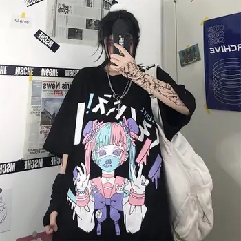 Verão Harajuku das Mulheres T-shirts Estética Gótica, Punk Cartoon Oversized T-camisa Feminina Manga Curta O Pescoço de Mulher Roupa Tops