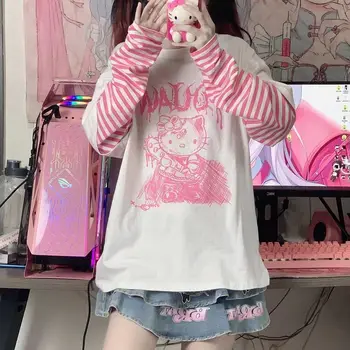 Olá Kitty bonito Japonês e coreano y2k mulheres T-shirt 2022 nova solto fake dois pedaço de manga comprida t-shirt das mulheres
