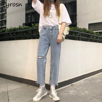Projeto do buraco calças de Brim das Mulheres do Tornozelo-comprimento de Calças Retas Chique-jogo Novo-coreano Estudantes de Moda Streetwear Hip Hop Casual Ins