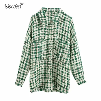 BBWM Elegante, Chique Bolsos Verde Xadrez Jaquetas de Tweed Mulheres 2020 Moda Lapela Gola Aberturas Laterais Casaco Feminino Chique Outerwear